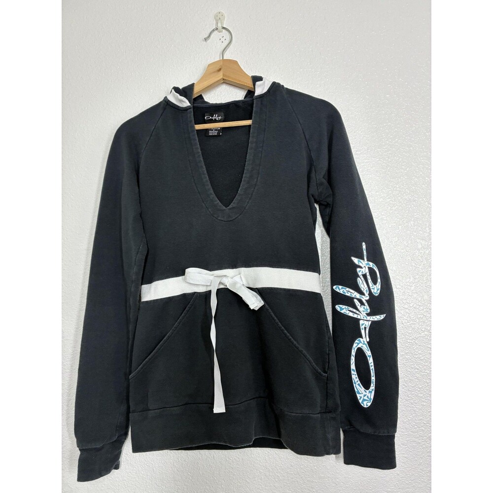 Oakley Y2K Fleece Hoodie Womens XS Black V Neck Waist Tie Pocket Sleeve